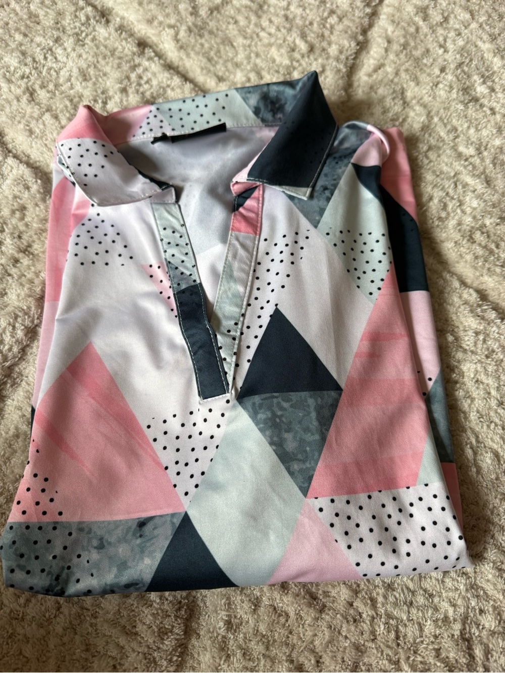 Geometric Print Polo Top in Pink, Black, Gray and Cream